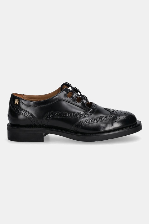 Tommy Hilfiger półbuty skórzane BROGUE LEATHER CUT-OUT SHOE damskie kolor czarny na płaskim obcasie FW0FW08842 - zdjęcie produktu nr 1