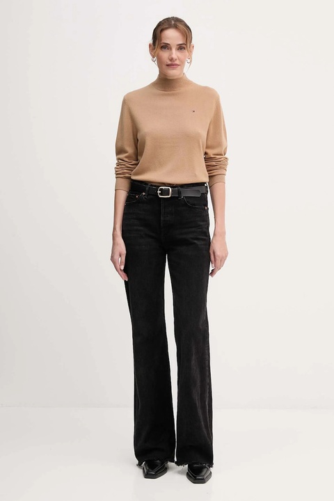 Tommy Hilfiger sweter wełniany damski kolor brązowy lekki z półgolfem WW0WW47468 - zdjęcie produktu nr 2