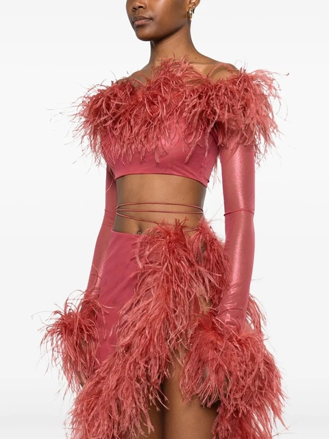 Oséree feather-trim cropped top - Red - zdjęcie produktu nr 2