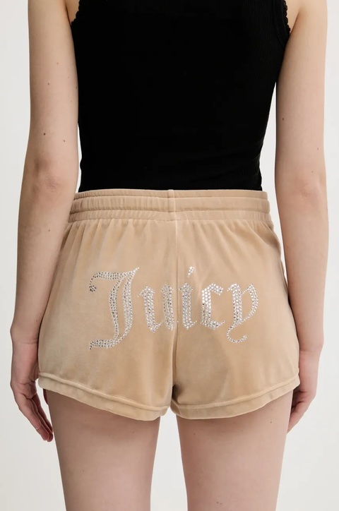 Juicy Couture szorty welurowe TAMIA damskie kolor beżowy z aplikacją medium waist JCWH121001 - zdjęcie produktu nr 2