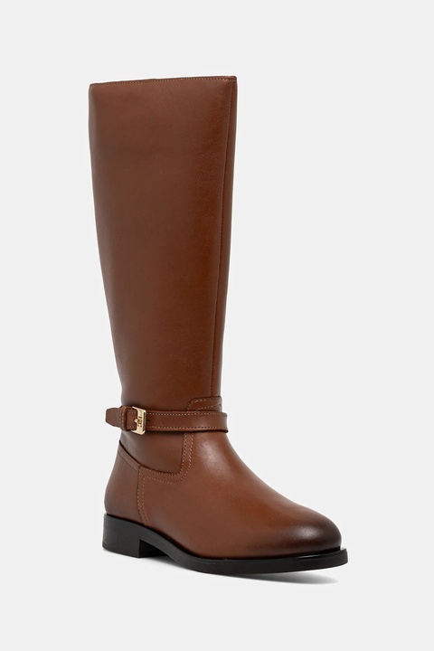 Tommy Hilfiger kozaki skórzane TH BUCKLE RIDING LTHR LONG BOOT damskie kolor brązowy na płaskim obcasie FW0FW08873 - zdjęcie produktu nr 1