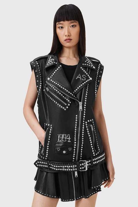 AllSaints bezrękawnik skórzany BILLIE kolor czarny przejściowa oversize W051LC - zdjęcie produktu nr 1