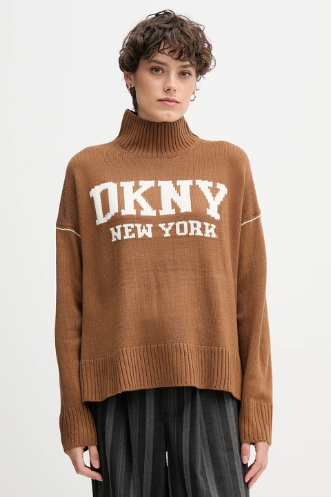 Dkny sweter damski kolor brązowy z półgolfem DJ4R0386 - zdjęcie produktu nr 1