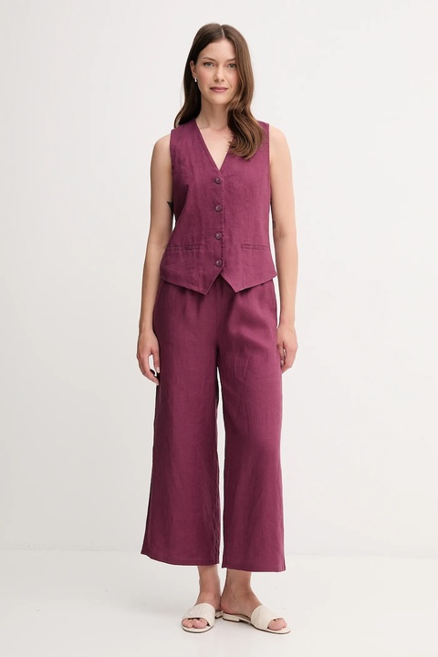 United Colors of Benetton spodnie lniane damskie kolor fioletowy proste high waist 4AGHDF09G - zdjęcie produktu nr 1