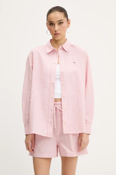 Tommy Jeans koszula z domieszką lnu damska kolor różowy regular z kołnierzykiem klasycznym DW0DW20292 - zdjęcie produktu nr 1
