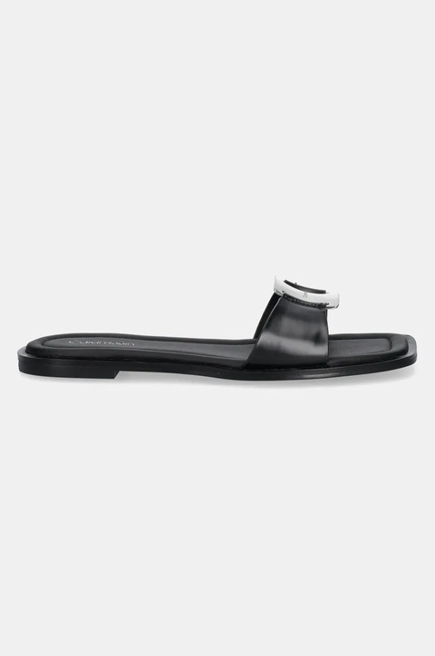 Calvin Klein klapki skórzane FLAT SLIDE W/CK HW BIG - LTH damskie kolor czarny HW0HW02482 - zdjęcie produktu nr 1