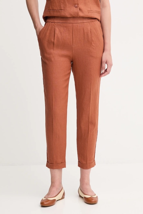 United Colors of Benetton spodnie lniane damskie kolor pomarańczowy proste high waist 4AGHDF079 - zdjęcie produktu nr 1