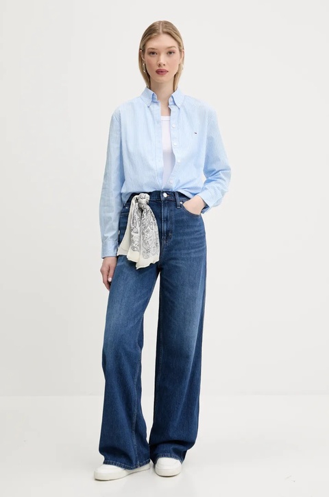 Tommy Jeans koszula bawełniana damska kolor niebieski relaxed z kołnierzykiem klasycznym DW0DW20290 - zdjęcie produktu nr 2