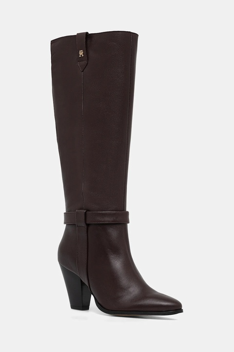 Tommy Hilfiger kozaki skórzane TH T-STRAP LTHR POINTY LONG BOOT damskie kolor brązowy na słupku FW0FW08982 - zdjęcie produktu nr 1