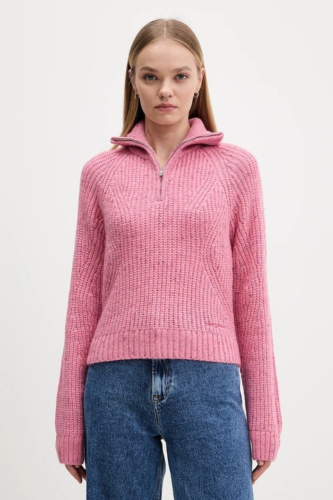Tommy Jeans sweter z dodatkiem wełny damski kolor różowy ciepły z golfem DW0DW21686 - zdjęcie produktu nr 1