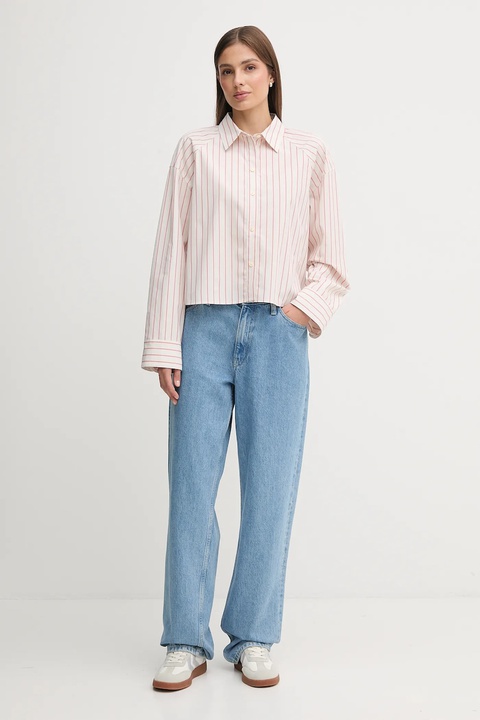 Calvin Klein Jeans koszula bawełniana damska kolor beżowy relaxed z kołnierzykiem klasycznym LV047C118G - zdjęcie produktu nr 2