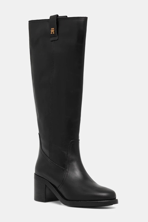 Tommy Hilfiger kozaki skórzane RIDING LTHR LONG BOOT BLOCK HEEL damskie kolor czarny na słupku FW0FW08777 - zdjęcie produktu nr 1