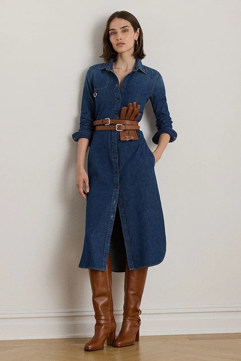Lauren Ralph Lauren sukienka jeansowa kolor granatowy midi rozkloszowana 200979976 - zdjęcie produktu nr 1