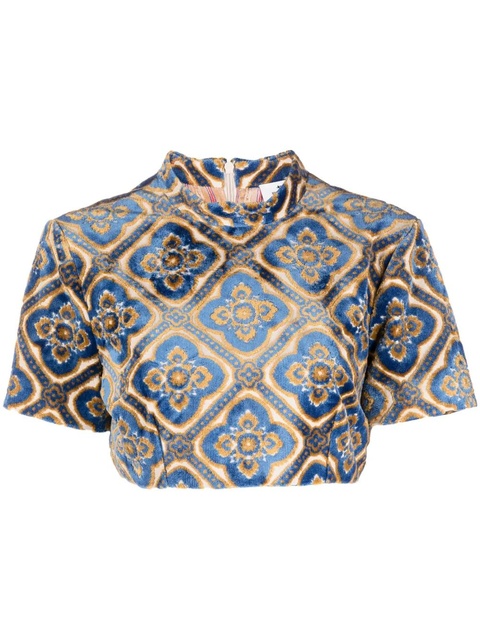ETRO abstract-print velvet crop top - Blue - zdjęcie produktu nr 1