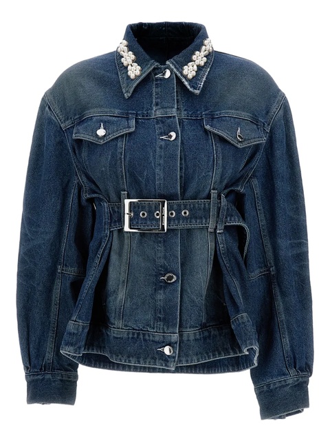 Simone Rocha pearl-embellished belted denim jacket - Blue - zdjęcie produktu nr 1