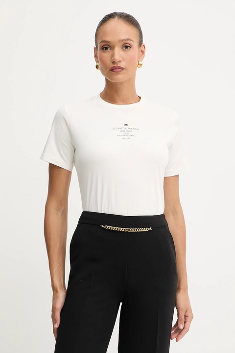 Elisabetta Franchi t-shirt bawełniany damski kolor beżowy MA63D56E2 - zdjęcie produktu nr 1