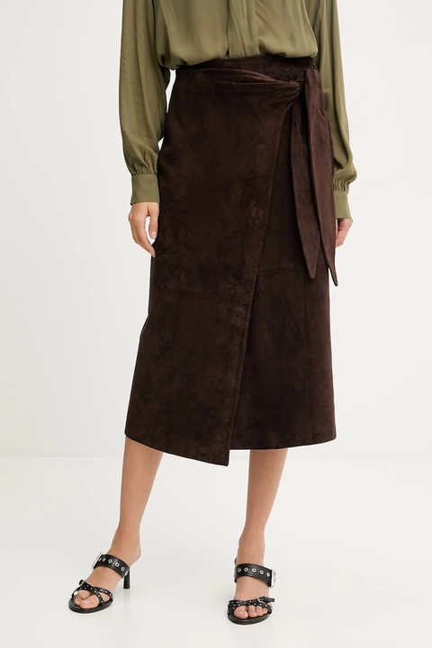 Never Fully Dressed spódnica zamszowa kolor brązowy midi prosta NFDSK724 - zdjęcie produktu nr 1