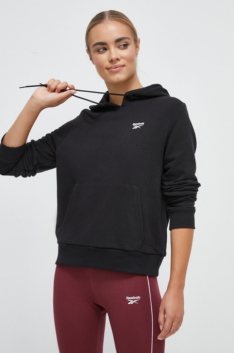 Reebok bluza damska kolor czarny z kapturem gładka - zdjęcie produktu nr 1