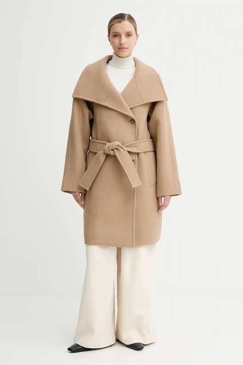 Calvin Klein płaszcz z wełną kolor beżowy LV044D557G - zdjęcie produktu nr 1