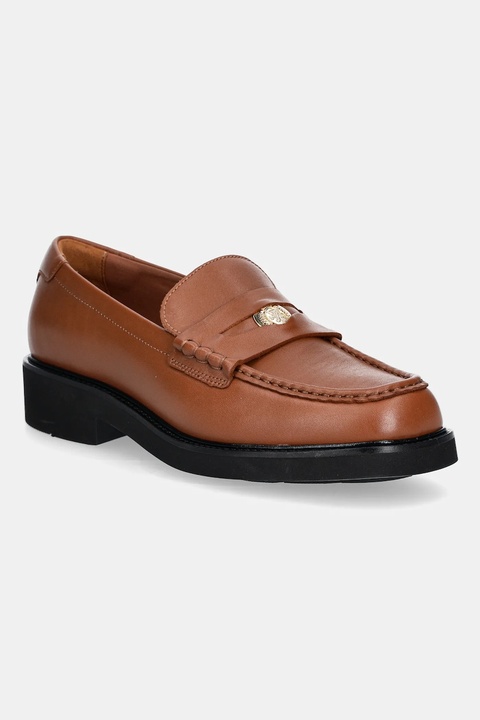 Tommy Hilfiger mokasyny skórzane CREST SQUARISH TOE PENNY LOAFER damskie kolor brązowy na płaskim obcasie FW0FW08633 - zdjęcie produktu nr 1