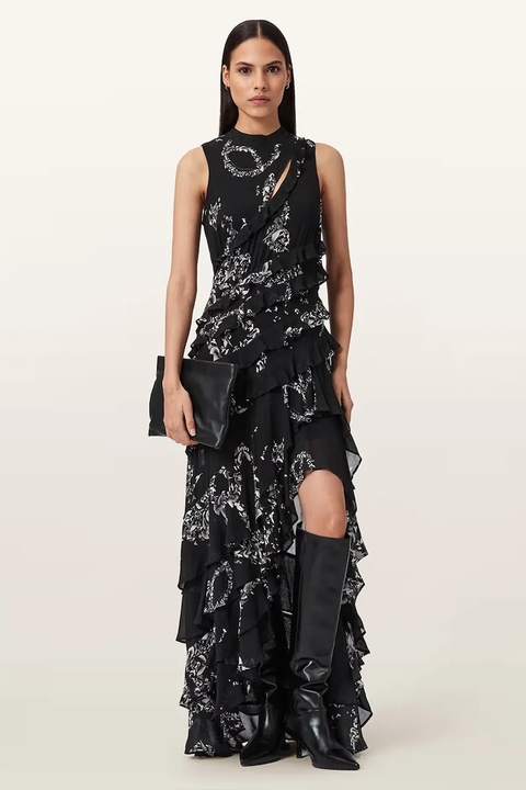 AllSaints sukienka wiskozowa CADY kolor czarny midi rozkloszowana W004DD - zdjęcie produktu nr 2