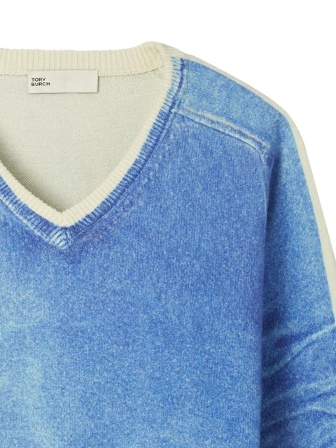 Tory Burch v-neck print merino wool sweater - Blue - zdjęcie produktu nr 1