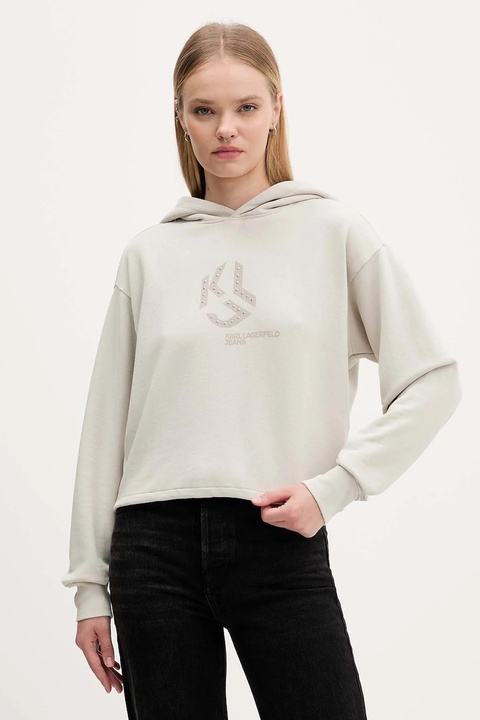 Karl Lagerfeld Jeans bluza bawełniana damska kolor beżowy z kapturem z nadrukiem A4W20004 - zdjęcie produktu nr 1