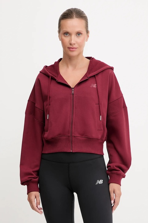 New Balance bluza bawełniana damska kolor bordowy z kapturem gładka WJ51506MHB - zdjęcie produktu nr 1