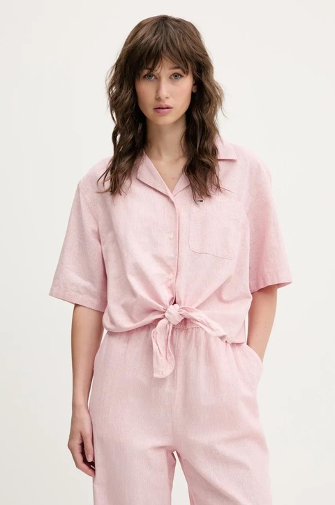 Tommy Jeans koszula z domieszką lnu damska kolor różowy relaxed z kołnierzykiem klasycznym DW0DW20286 - zdjęcie produktu nr 1