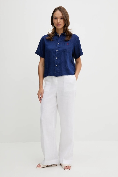 Polo Ralph Lauren koszula lniana damska kolor granatowy relaxed z kołnierzykiem klasycznym 211965847 - zdjęcie produktu nr 2