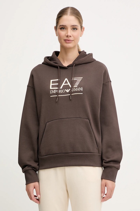 EA7 Emporio Armani bluza damska kolor brązowy z kapturem z aplikacją AF10377-7W000422 - zdjęcie produktu nr 1