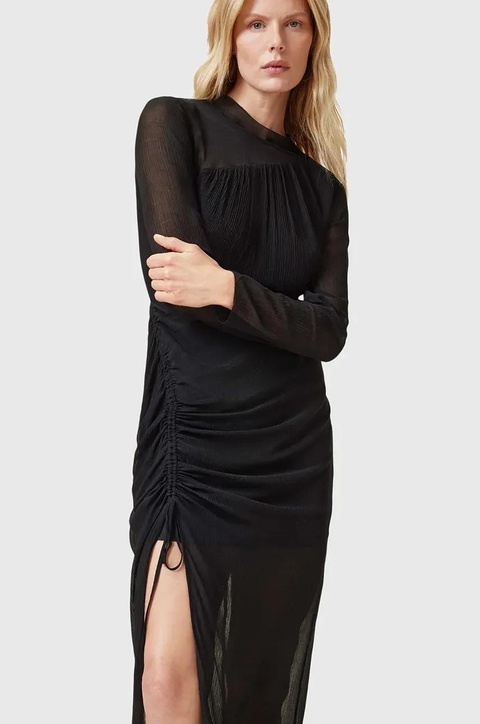 AllSaints sukienka z domieszką jedwabiu RIZO kolor czarny midi dopasowana W085DC - zdjęcie produktu nr 2