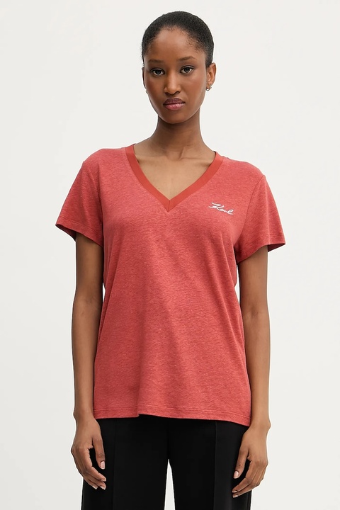 Karl Lagerfeld t-shirt lniany damski kolor czerwony A3W17070 - zdjęcie produktu nr 1