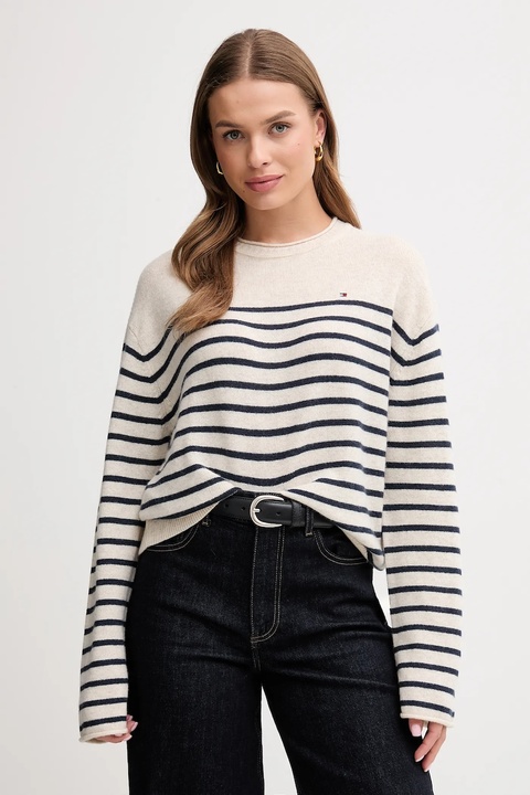 Tommy Hilfiger sweter wełniany damski kolor beżowy lekki WW0WW46438 - zdjęcie produktu nr 1