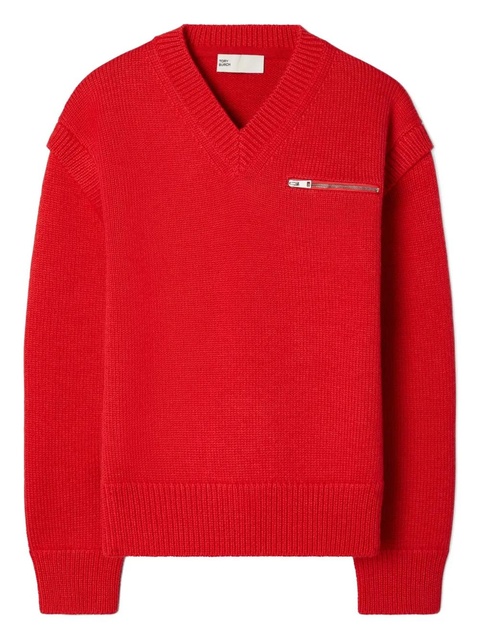 Tory Burch zip v-neck sweater - Red - zdjęcie produktu nr 1