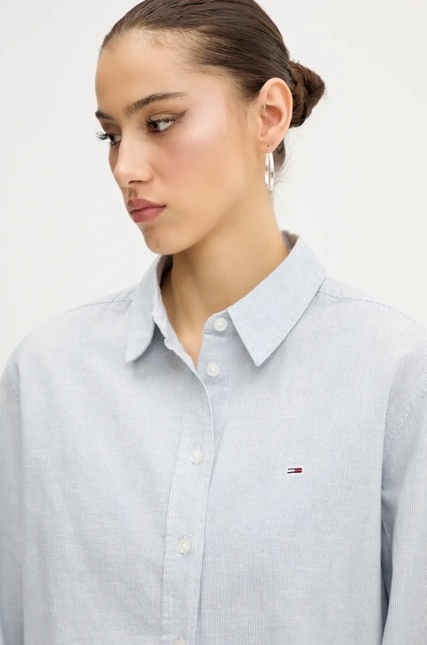 Tommy Jeans koszula z domieszką lnu damska kolor szary regular z kołnierzykiem klasycznym DW0DW20292 - zdjęcie produktu nr 2