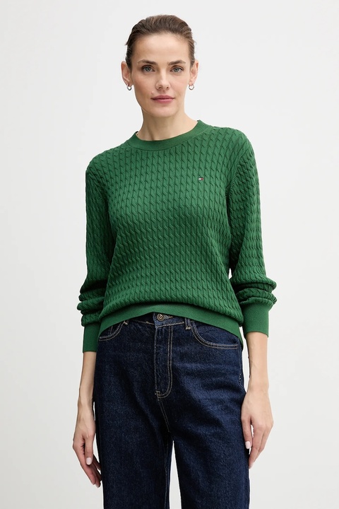 Tommy Hilfiger sweter bawełniany kolor zielony lekki WW0WW44993 - zdjęcie produktu nr 1