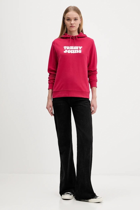 Tommy Jeans bluza bawełniana damska kolor różowy z kapturem z nadrukiem DW0DW21962 - zdjęcie produktu nr 1