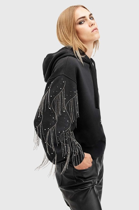 AllSaints bluza bawełniana LENNON TASSEL damska kolor czarny z kapturem z aplikacją W002JA - zdjęcie produktu nr 2