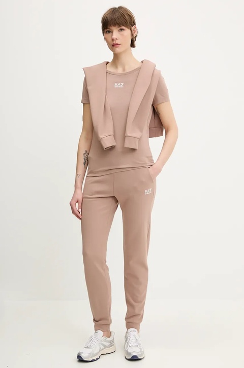 EA7 Emporio Armani bluza damska kolor brązowy z kapturem z nadrukiem AF10443.7W000074 - zdjęcie produktu nr 1