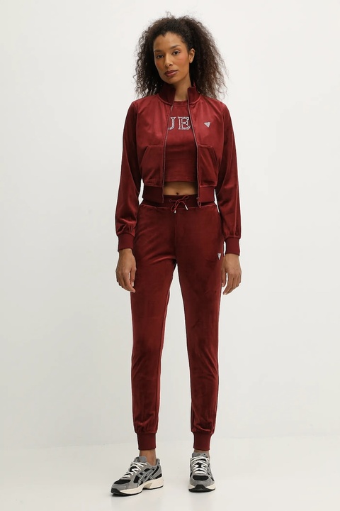 Guess bluza welurowa COUTURE damska kolor bordowy gładka V3BQ22 K0232 - zdjęcie produktu nr 2