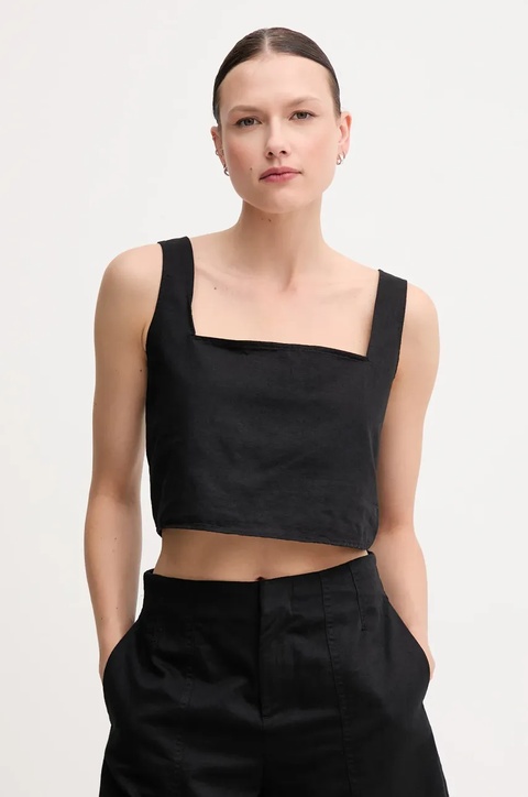 Calvin Klein Jeans bluzka z domieszką lnu damska kolor czarny gładka J20J225347 - zdjęcie produktu nr 1
