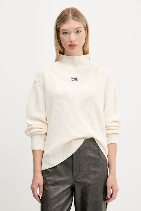 Tommy Jeans sweter bawełniany damski kolor beżowy z półgolfem DW0DW21676 - zdjęcie produktu nr 1