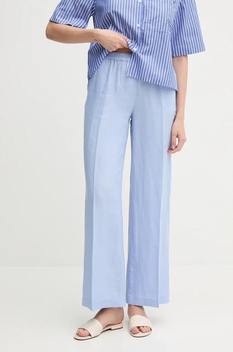 Sisley spodnie lniane kolor niebieski szerokie high waist - zdjęcie produktu nr 1