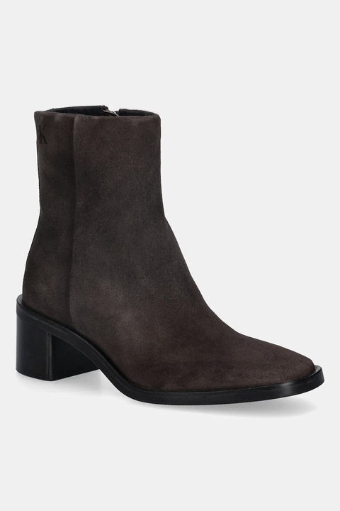 Calvin Klein botki zamszowe BLOCK HEEL ZIP BOOT SUE damskie kolor brązowy na słupku HW0HW02592 - zdjęcie produktu nr 1