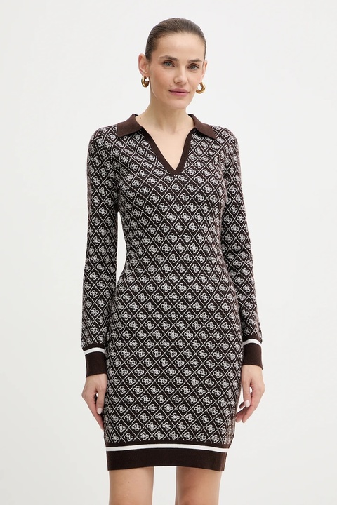 Guess sukienka z domieszką wełny AUBREY kolor brązowy mini dopasowana W5BK25 Z3JD2 - zdjęcie produktu nr 1