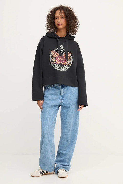 adidas bluza x Farm Rio damska kolor czarny z kapturem wzorzysta JL8607 - zdjęcie produktu nr 2