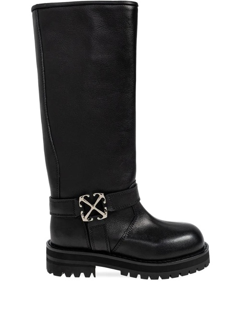 Off-White logo-plaque round-toe biker boots - Black - zdjęcie produktu nr 1