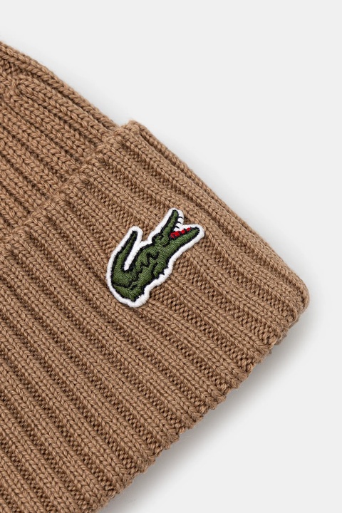 Lacoste czapka wełniana kolor brązowy z cienkiej dzianiny wełniana RB0001 - zdjęcie produktu nr 2