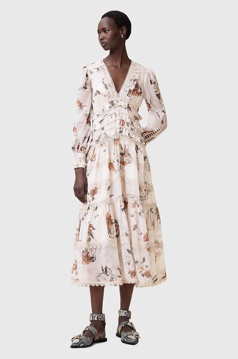 AllSaints sukienka ZORA MIDI kolor beżowy midi rozkloszowana W084DC - zdjęcie produktu nr 1